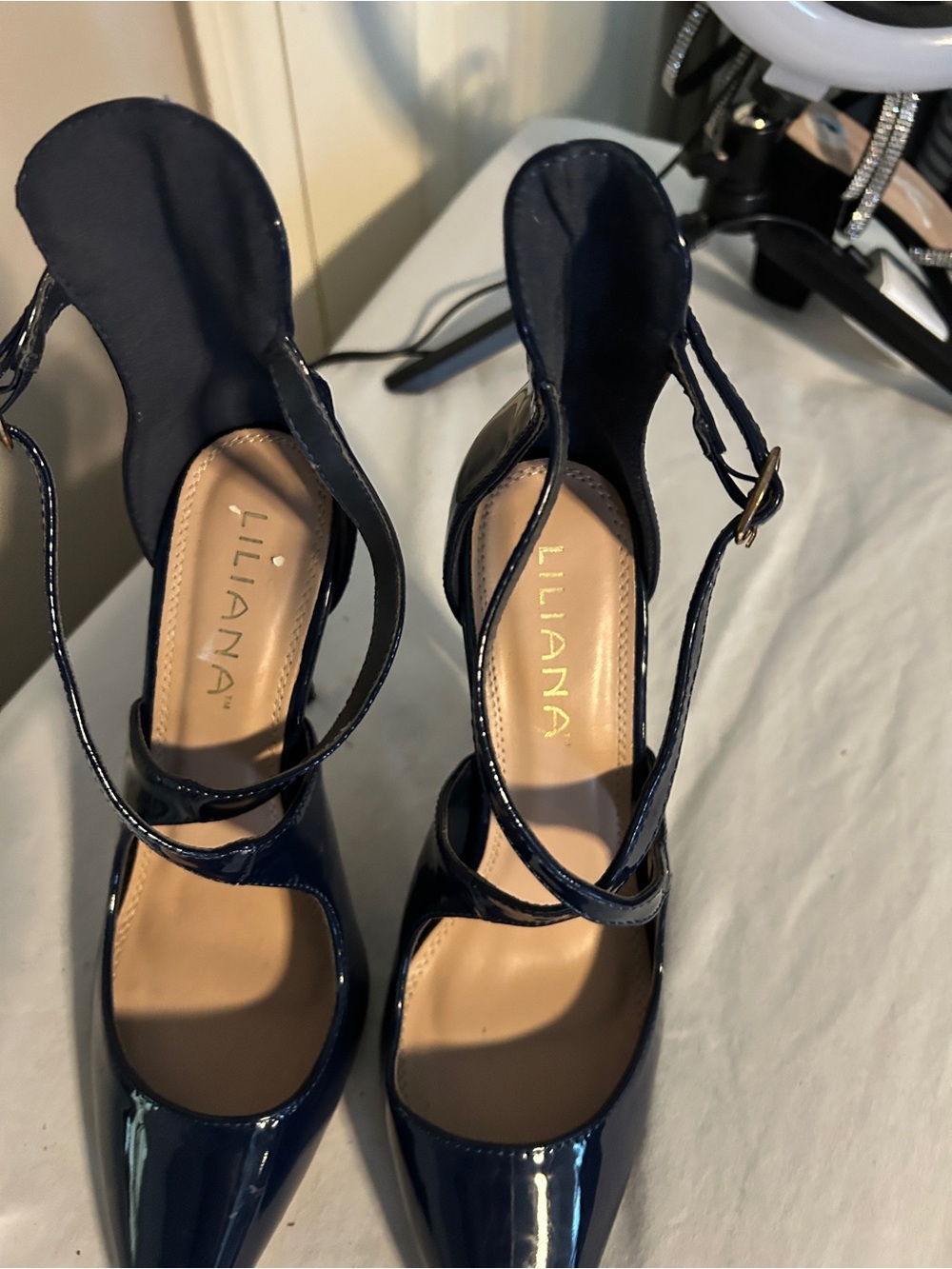 Liliana Navy Patent Pointed-Toe Ankle-Strap Heels